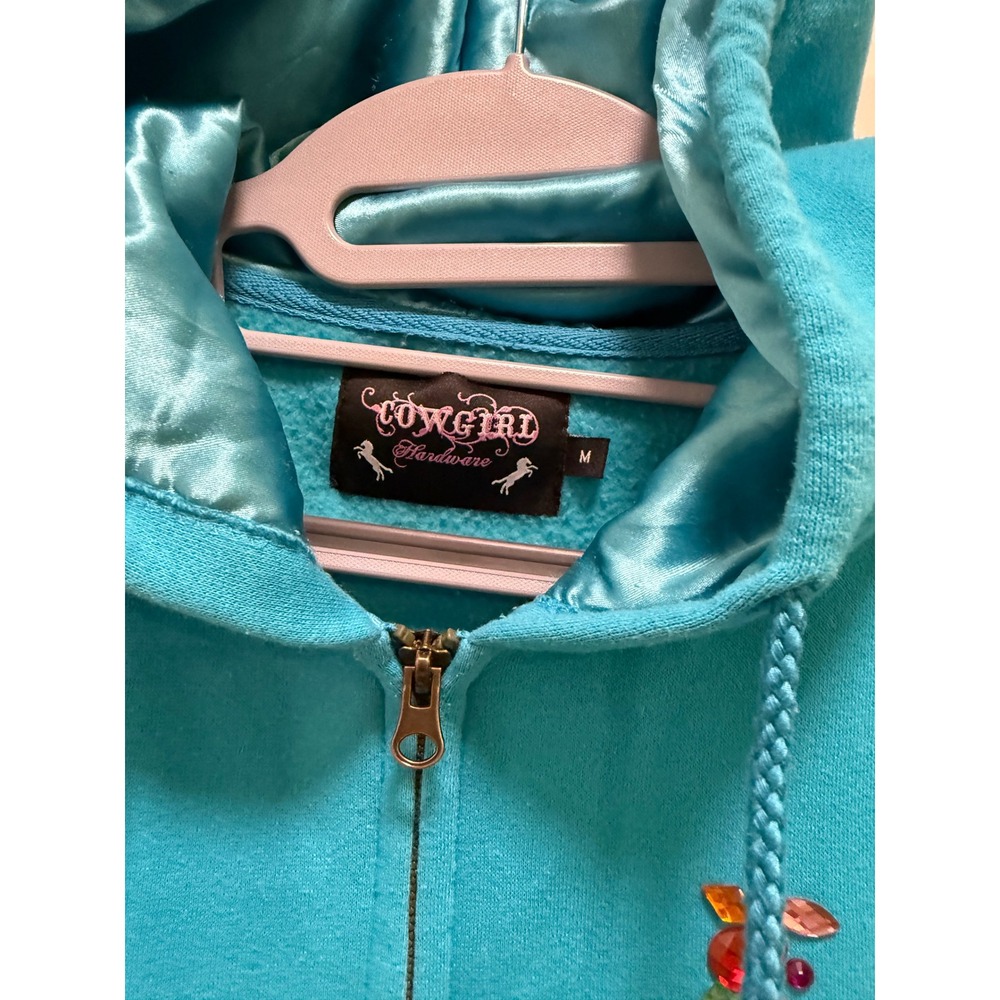 Cowgirl Hardware Turquoise Rhinestone Horseshoe Satin Lined Zip Hoodie Medium - Picture 3 of 9